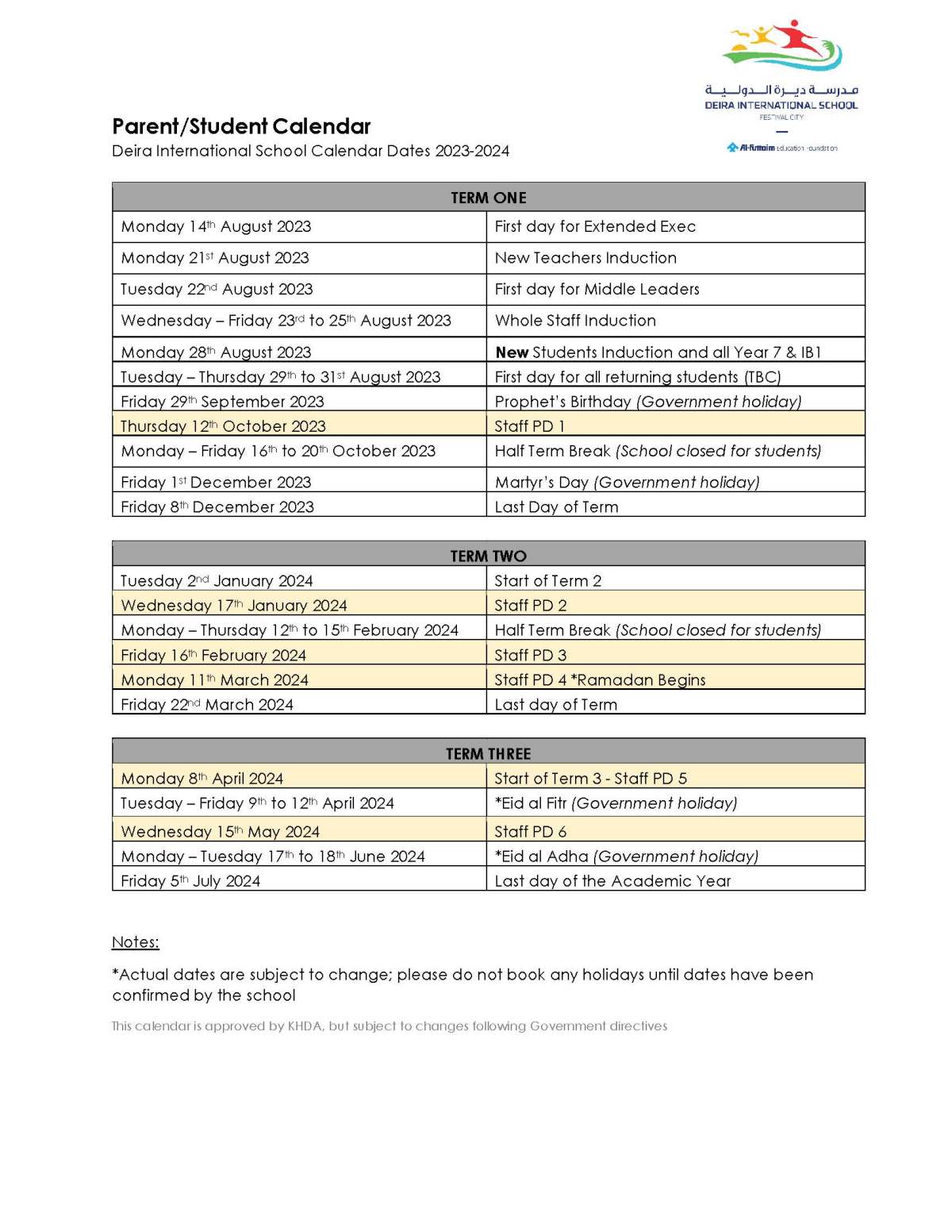 Parents Students DIS Academic Calendar 23-24