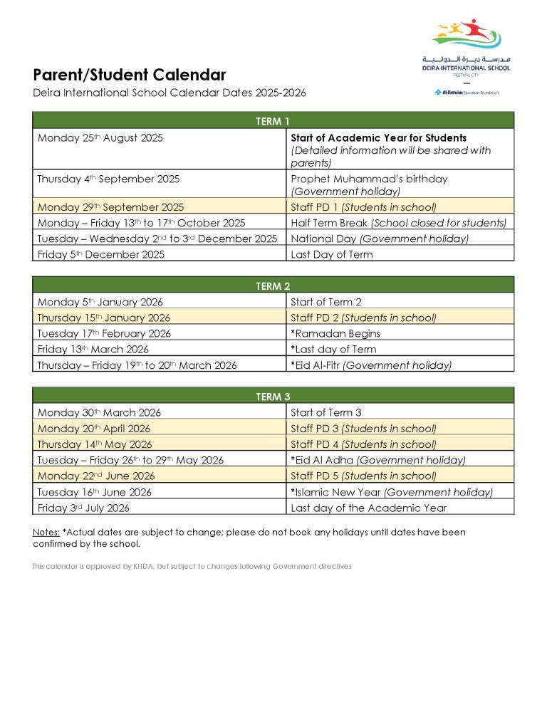 Parents Students DIS Academic Calendar 25-26