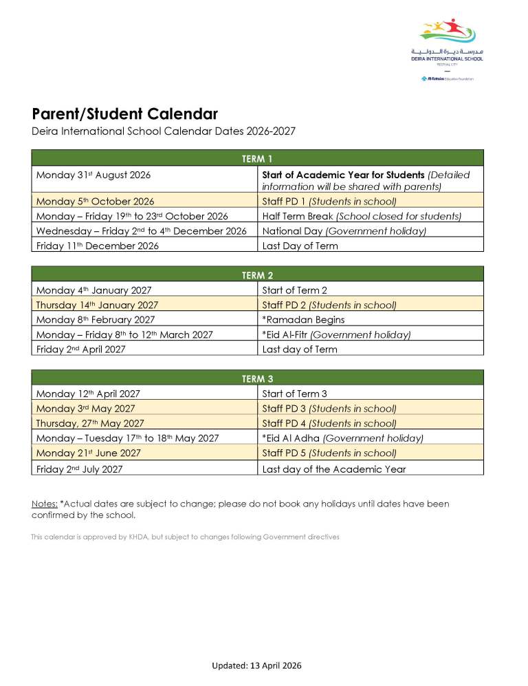 Parents Students DIS Academic Calendar 26-27